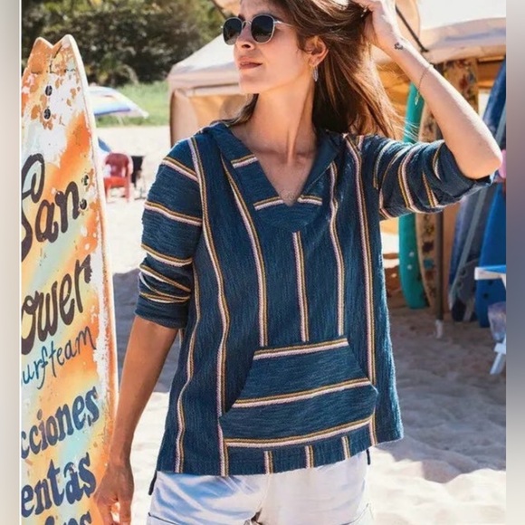 FAHERTY Seabrook Poncho Sz Large Baja Navy Sayulita Stripe Hoodie Pullover Blue - Picture 2 of 13
